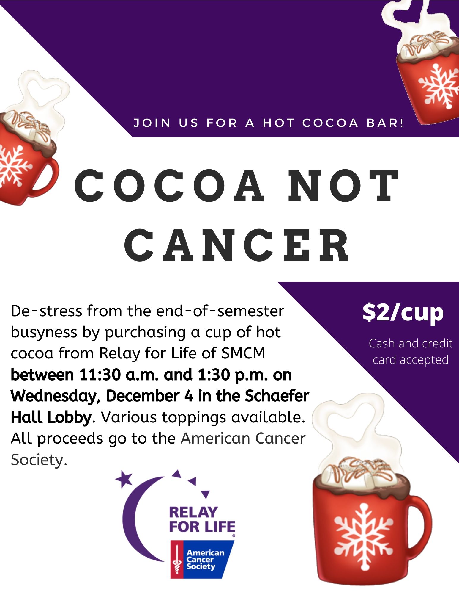 Support SMCM Relay for Life at the Cocoa Not Cancer event on Dec 4! St. Marys College of Maryland